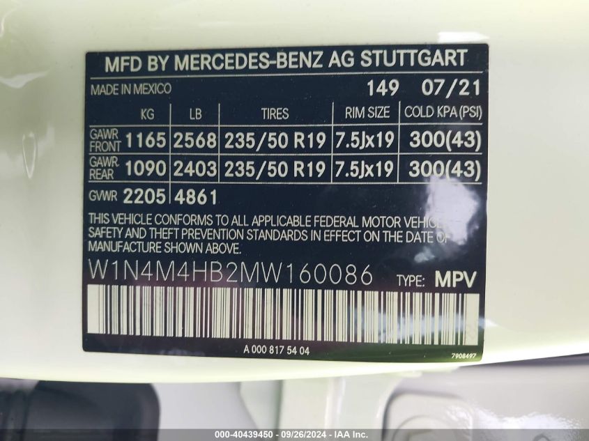 W1N4M4HB2MW160086 2021 Mercedes-Benz Glb 250 250 4Matic