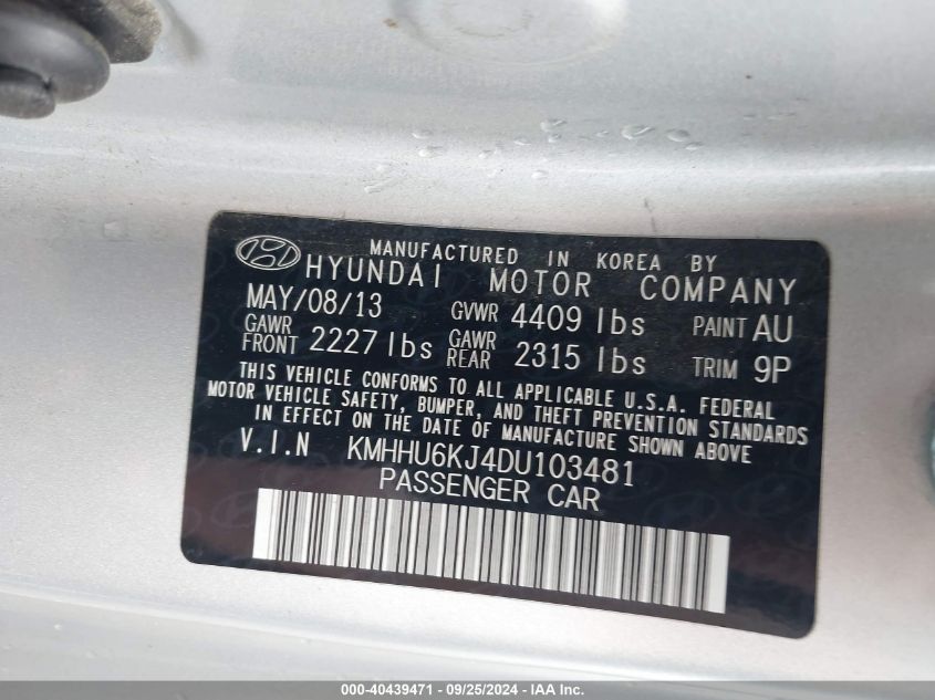 KMHHU6KJ4DU103481 2013 Hyundai Genesis 3.8 Track