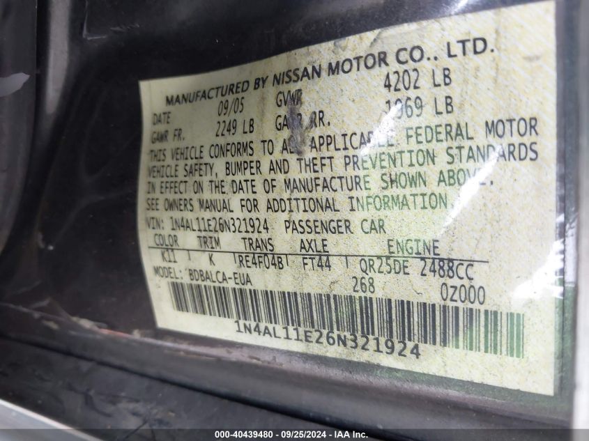 1N4AL11E26N321924 2006 Nissan Altima 2.5 S