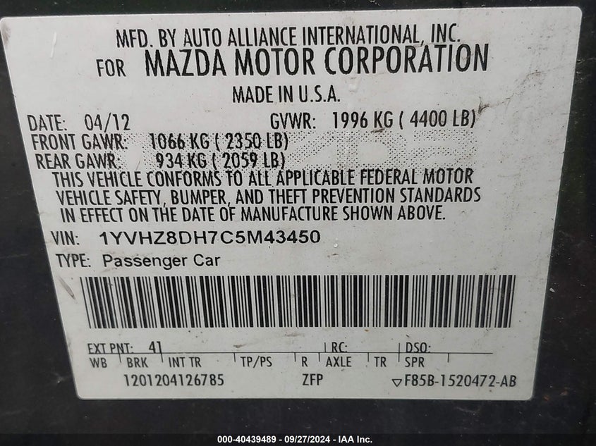 2012 MAZDA MAZDA6 VIN: 1YVHZ8DH7C5M43450