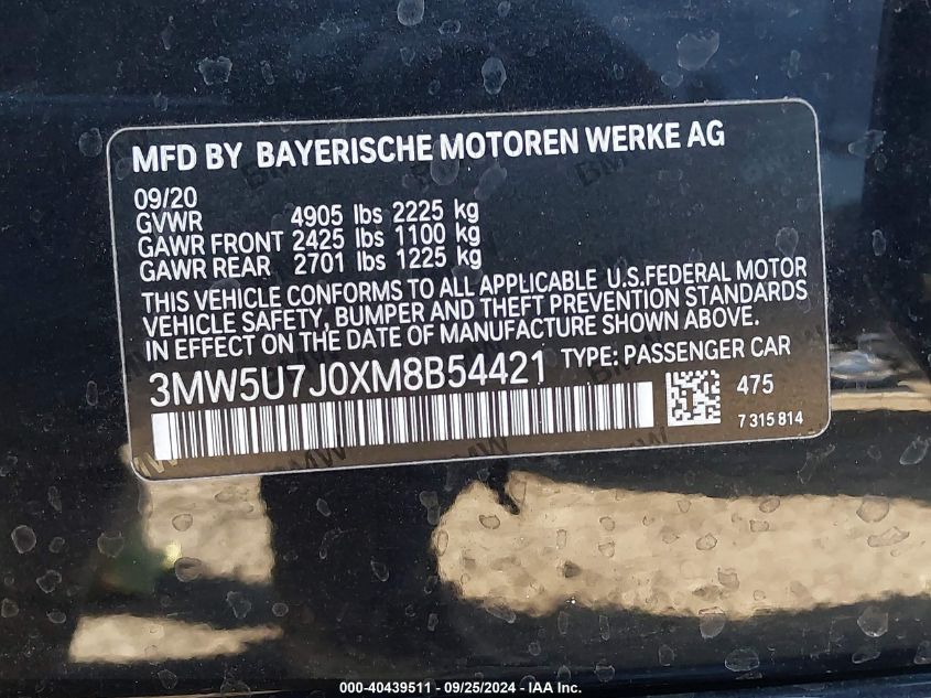 2021 BMW 3 Series M340I VIN: 3MW5U7J0XM8B54421 Lot: 40439511