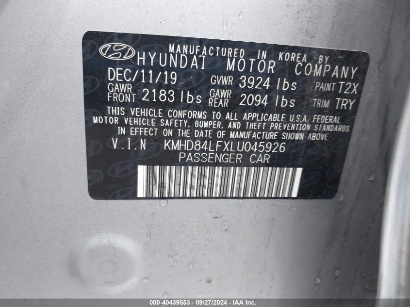 2020 Hyundai Elantra Sel VIN: KMHD84LFXLU045926 Lot: 40439553