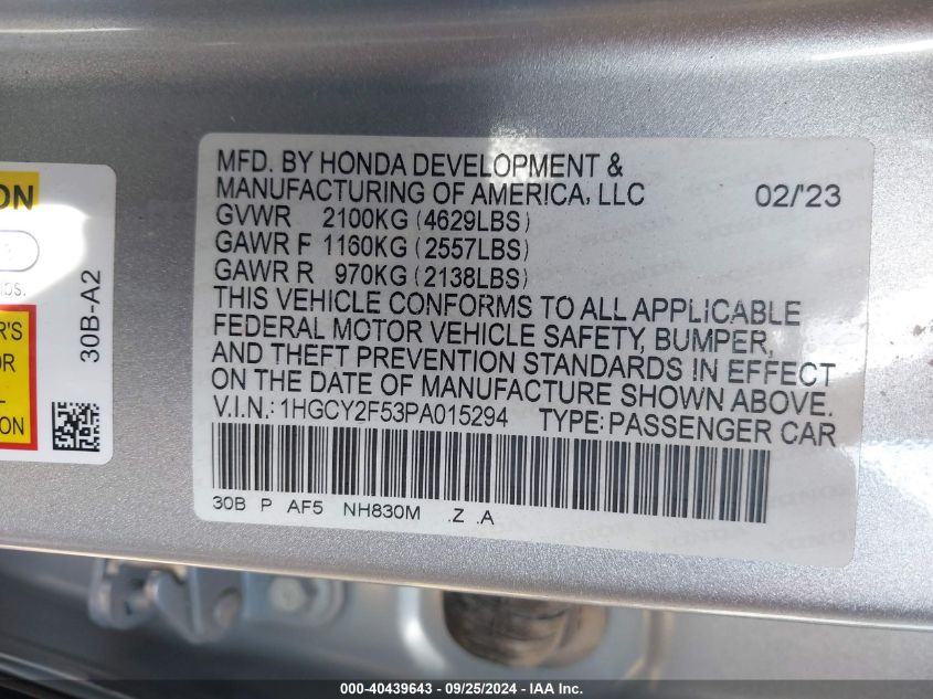 1HGCY2F53PA015294 2023 Honda Accord Hybrid Sport