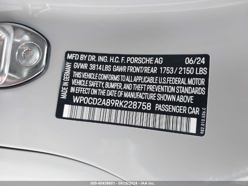 WP0CD2A89RK228758 2024 Porsche 718 Boxster Gts 4.0