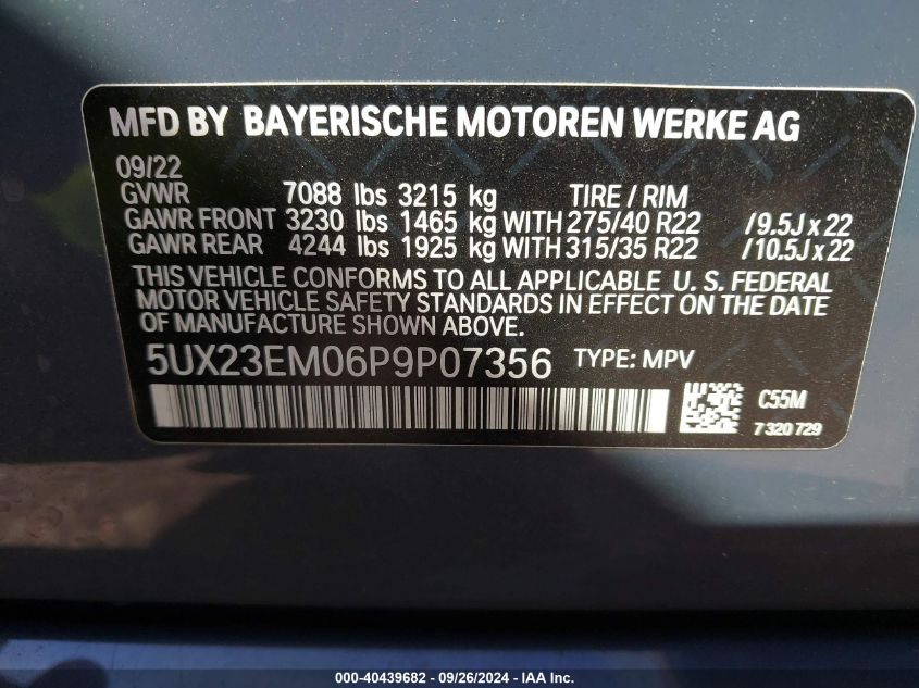 2023 BMW X7 xDrive40I VIN: 5UX23EM06P9P07356 Lot: 40439682