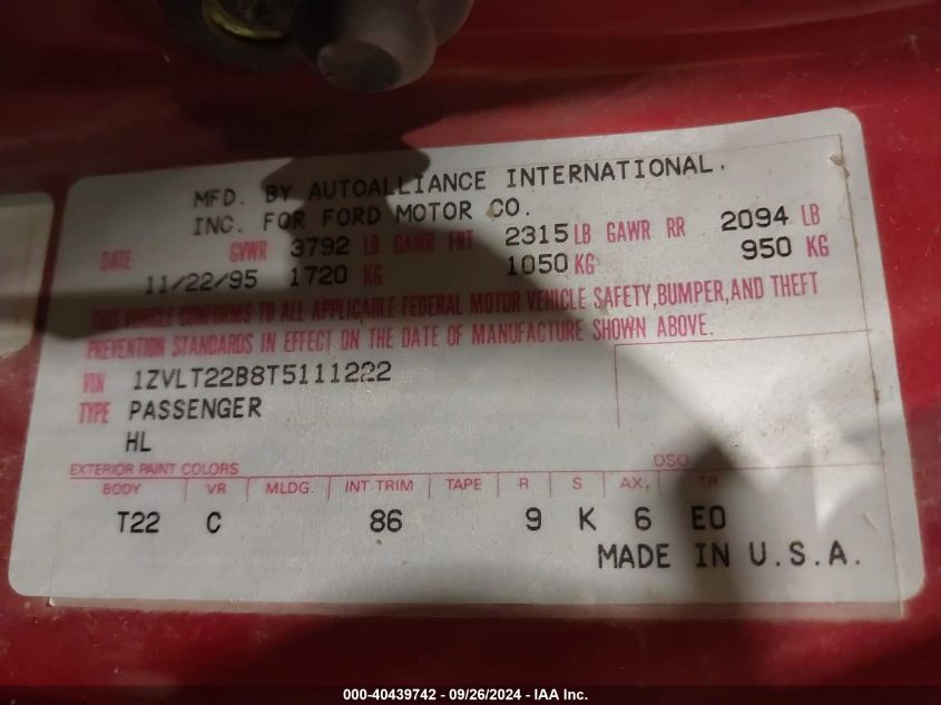 1996 Ford Probe Gt VIN: 1ZVLT22B8T5111222 Lot: 40439742
