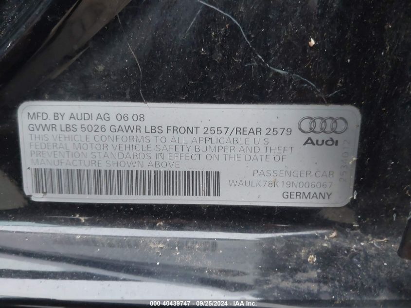 2009 Audi A4 3.2 Premium Plus VIN: WAULK78K19N006067 Lot: 40439747