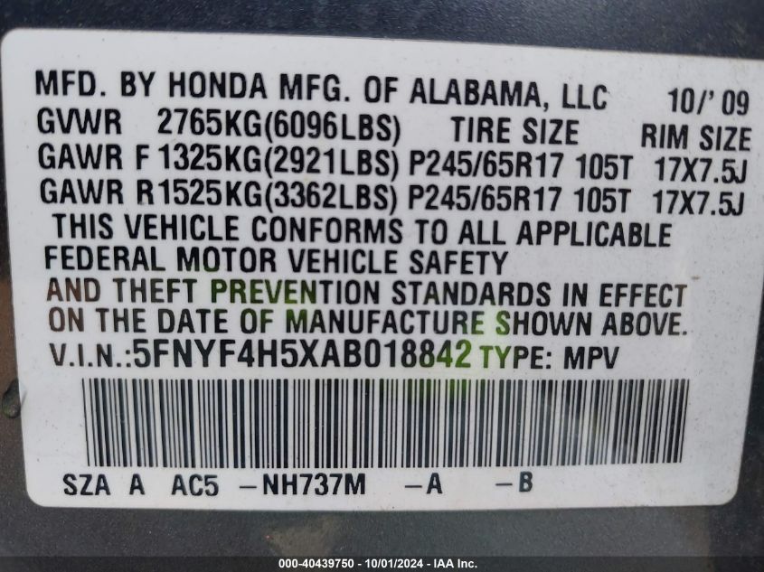 2010 Hond Pilot Ex-L 4Wd Ex-L VIN: 5FNYF4H5XAB018842 Lot: 40439750