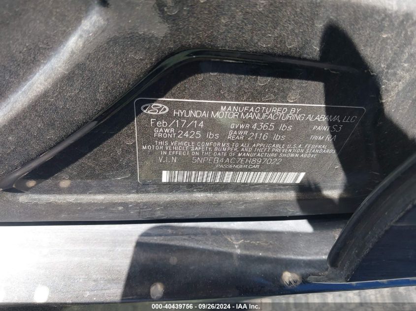 5NPEB4AC7EH897022 2014 Hyundai Sonata Gls