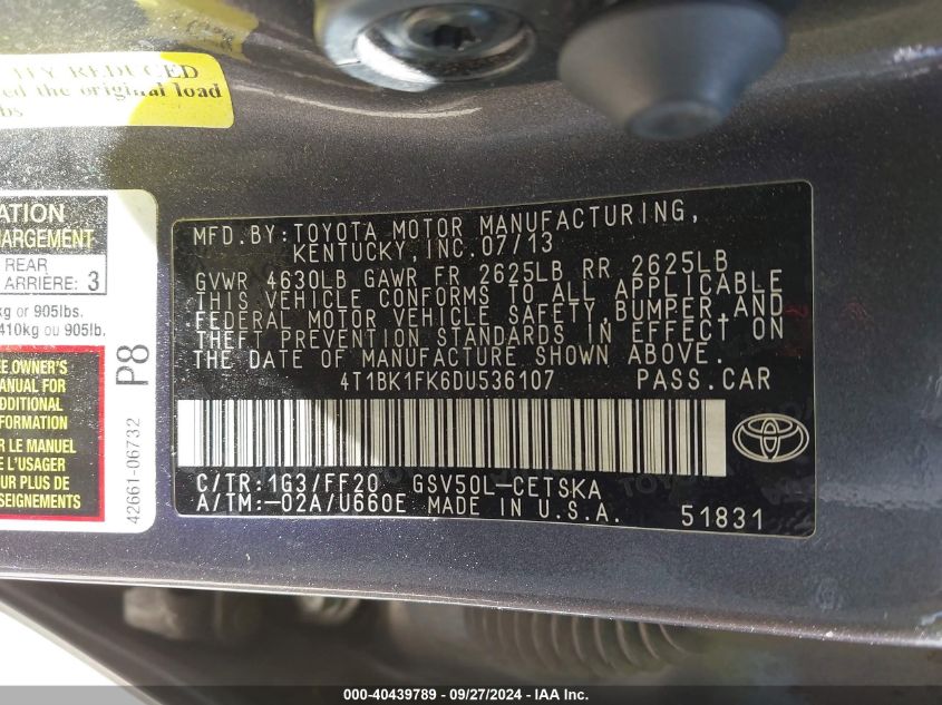 4T1BK1FK6DU536107 2013 Toyota Camry Se V6