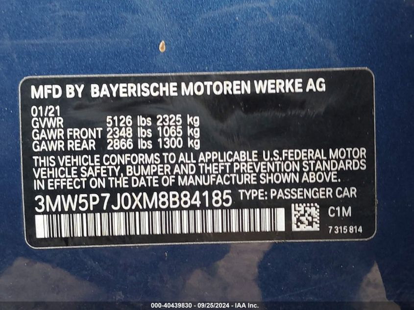 2021 BMW 3 Series 330E VIN: 3MW5P7J0XM8B84185 Lot: 40439830