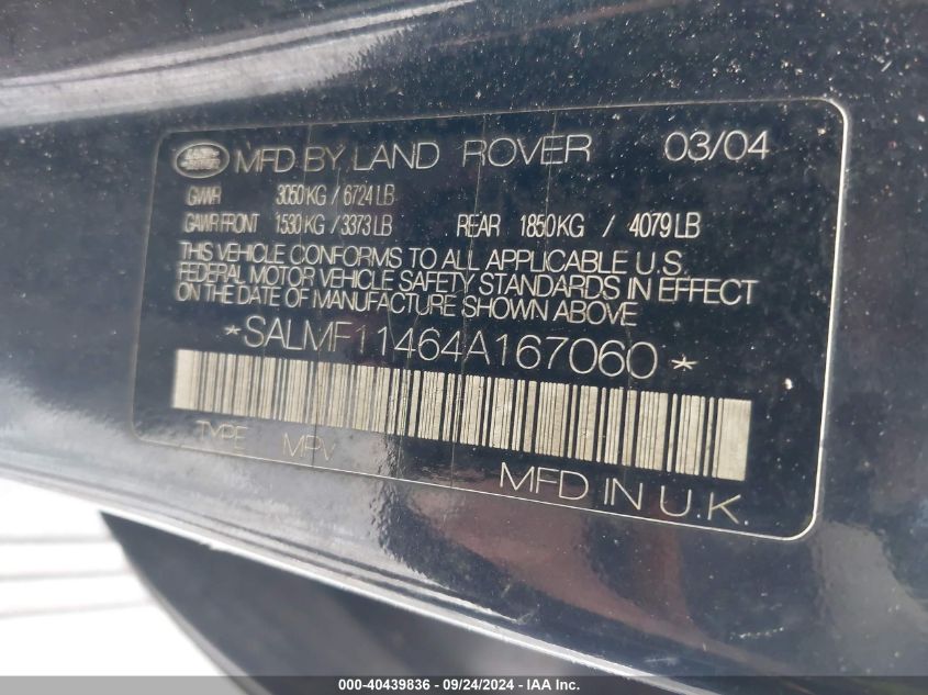 2004 Land Rover Range Rover Hse VIN: SALMF11464A167060 Lot: 40439836