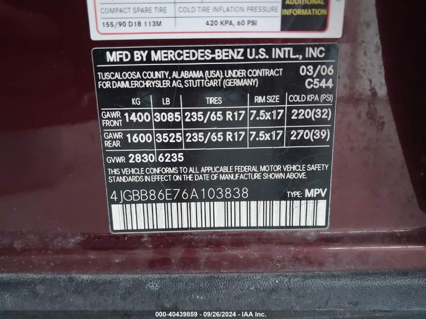 4JGBB86E76A103838 2006 Mercedes-Benz Ml 350 4Matic