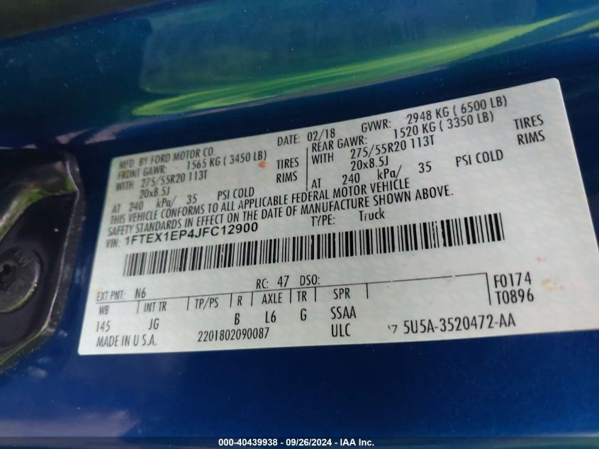 VIN 1FTEX1EP4JFC12900 2018 FORD F-150 XL