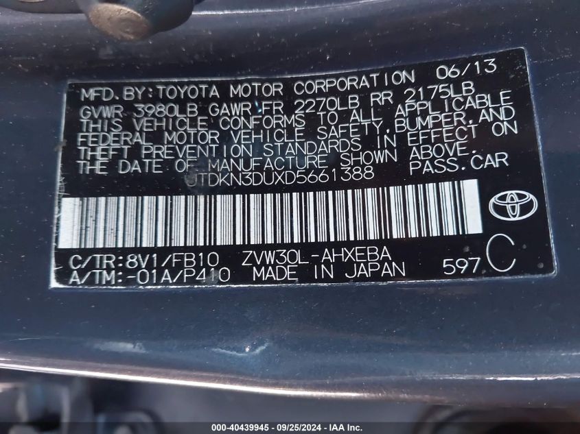 2013 Toyota Prius Three VIN: JTDKN3DUXD5661388 Lot: 40439945