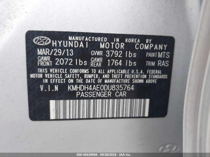 2013 Hyundai Elantra Gls VIN: KMHDH4AE0DU835764 Lot: 40439958