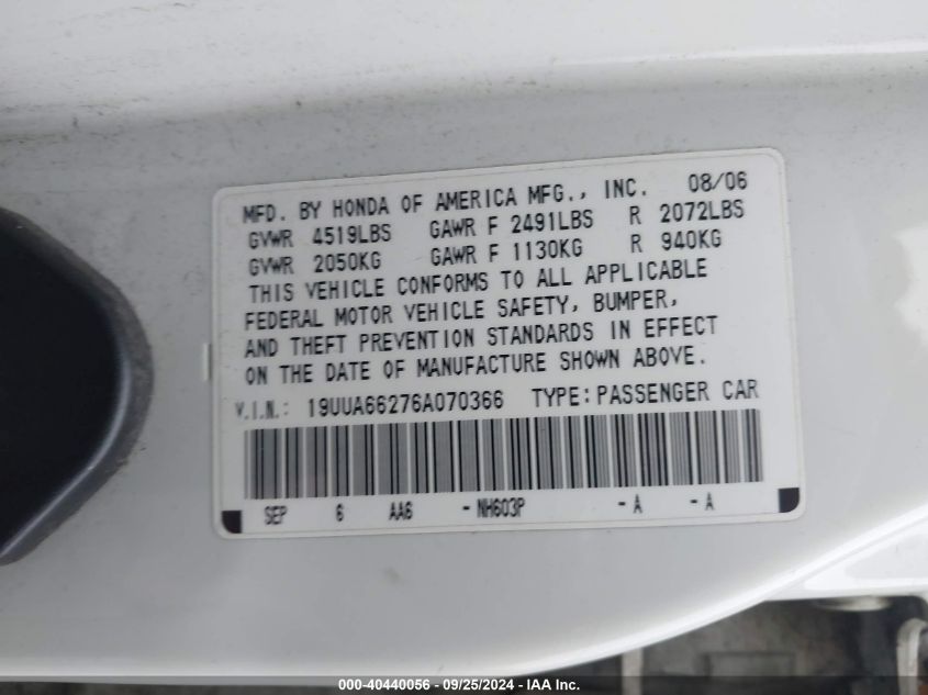 2006 Acura Tl VIN: 19UUA66276A070366 Lot: 40440056