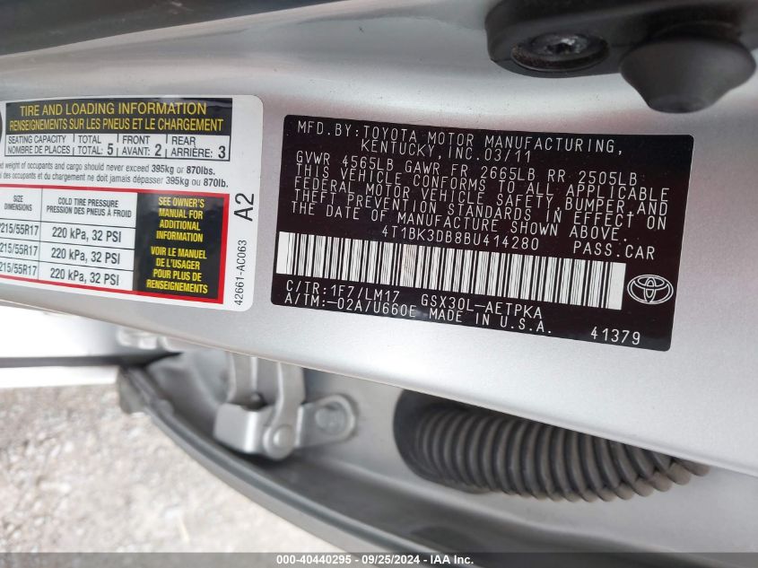 4T1BK3DB8BU414280 2011 Toyota Avalon Limited