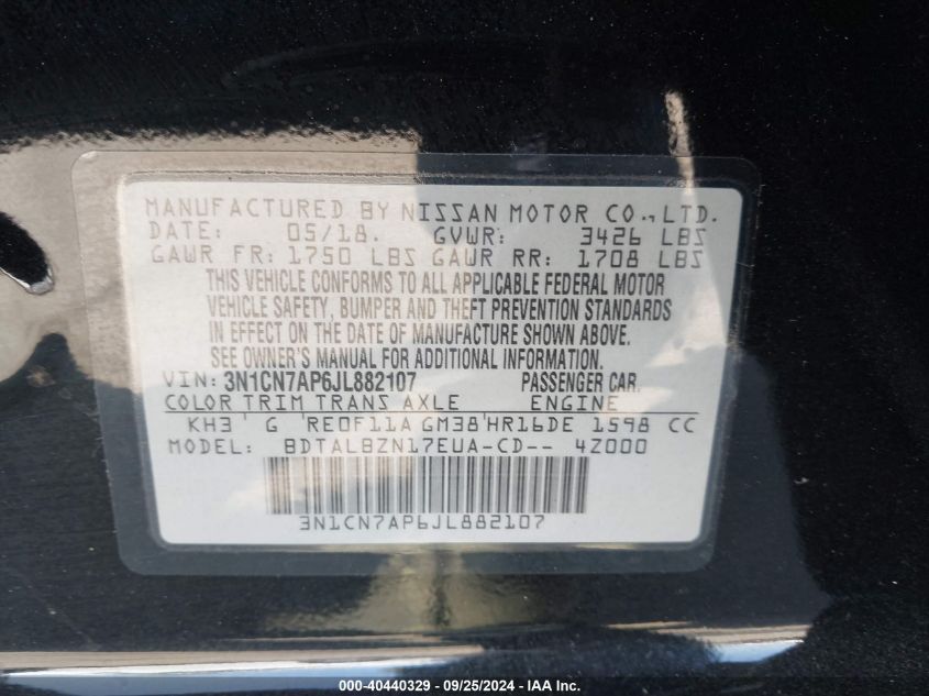 3N1CN7AP6JL882107 2018 Nissan Versa 1.6 Sv