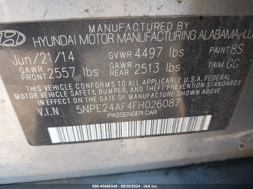 5NPE24AF4FH026087 2015 Hyundai Sonata Se