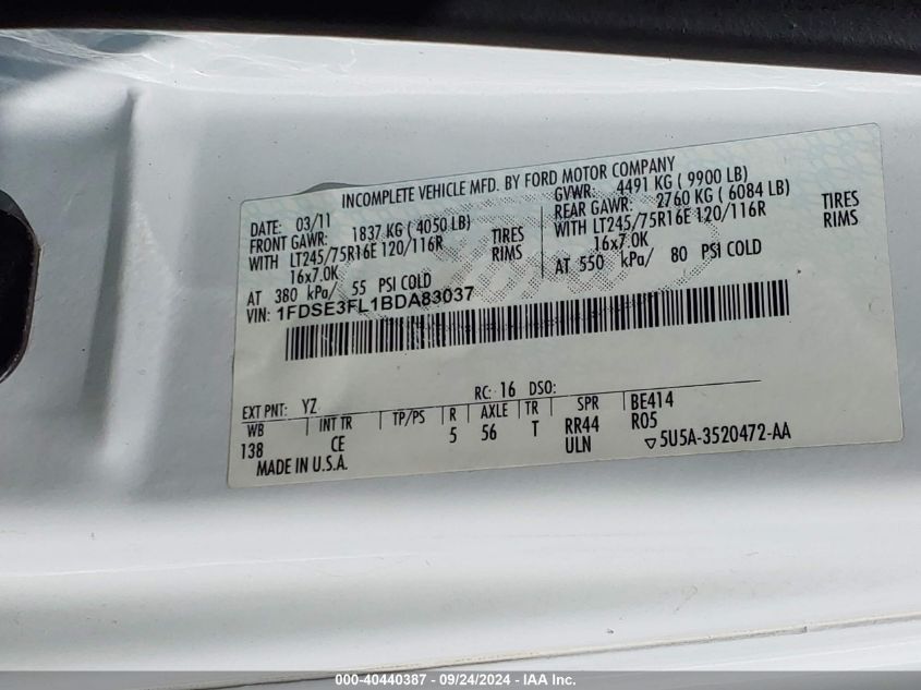 2011 Ford E-350 Cutaway VIN: 1FDSE3FL1BDA83037 Lot: 40440387