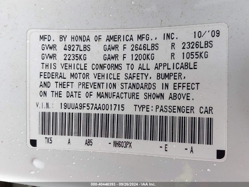 19UUA9F57AA001715 2010 Acura Tl 3.7