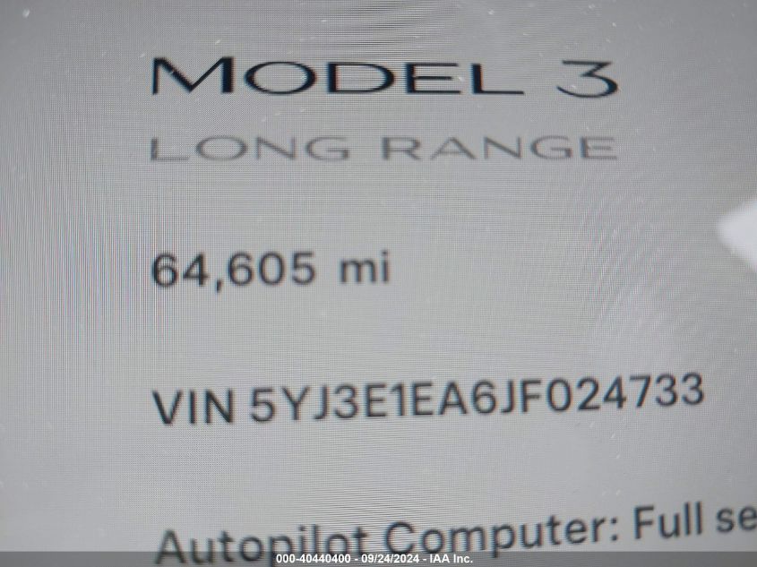 2018 Tesla Model 3 Long Range/Mid Range VIN: 5YJ3E1EA6JF024733 Lot: 40440400