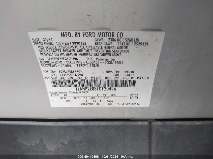 1FAHP2E88FG120496 2015 Ford Taurus Sel