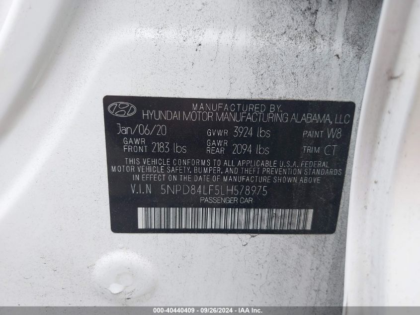 2020 Hyundai Elantra Sel/Value/Limited VIN: 5NPD84LF5LH578975 Lot: 40440409