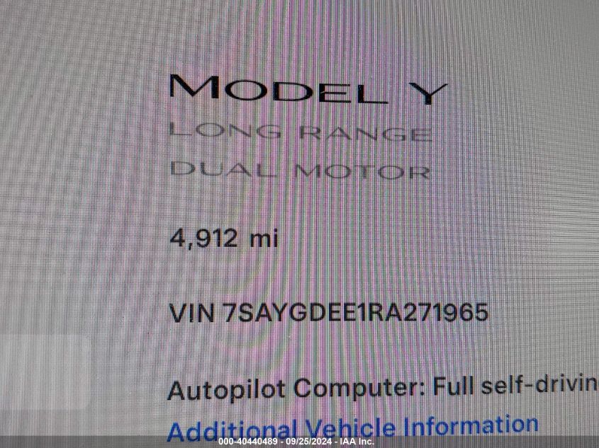 2024 Tesla Model Y Long Range Dual Motor All-Wheel Drive VIN: 7SAYGDEE1RA271965 Lot: 40440489