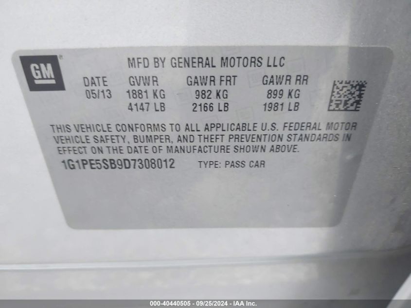 1G1PE5SB9D7308012 2013 Chevrolet Cruze 2Lt Auto