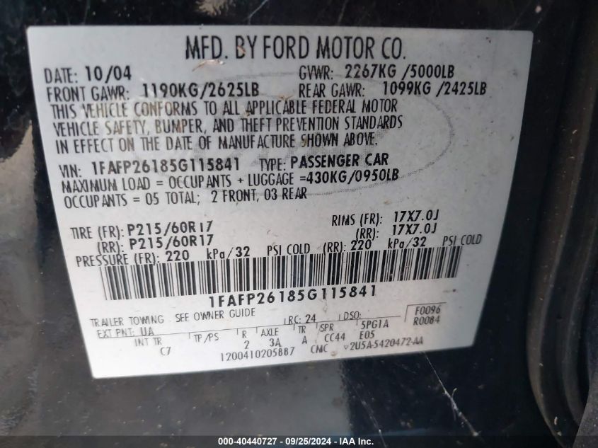 1FAFP26185G115841 2005 Ford Five Hundred Se