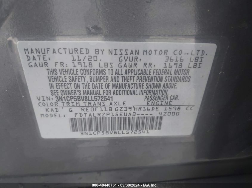 3N1CP5BV8LL572541 2020 Nissan Kicks S Xtronic Cvt