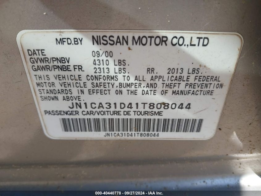 2001 Nissan Maxima Se VIN: JN1CA31D41T808044 Lot: 40440778