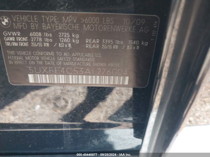 2010 BMW X5 xDrive30I VIN: 5UXFE4C53AL276004 Lot: 40440877