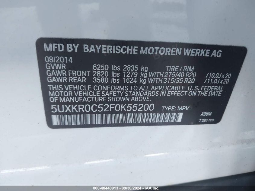 2015 BMW X5 xDrive35I VIN: 5UXKR0C52F0K55200 Lot: 40440913