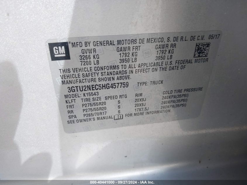 3GTU2NEC5HG457759 2017 GMC Sierra 1500 Slt