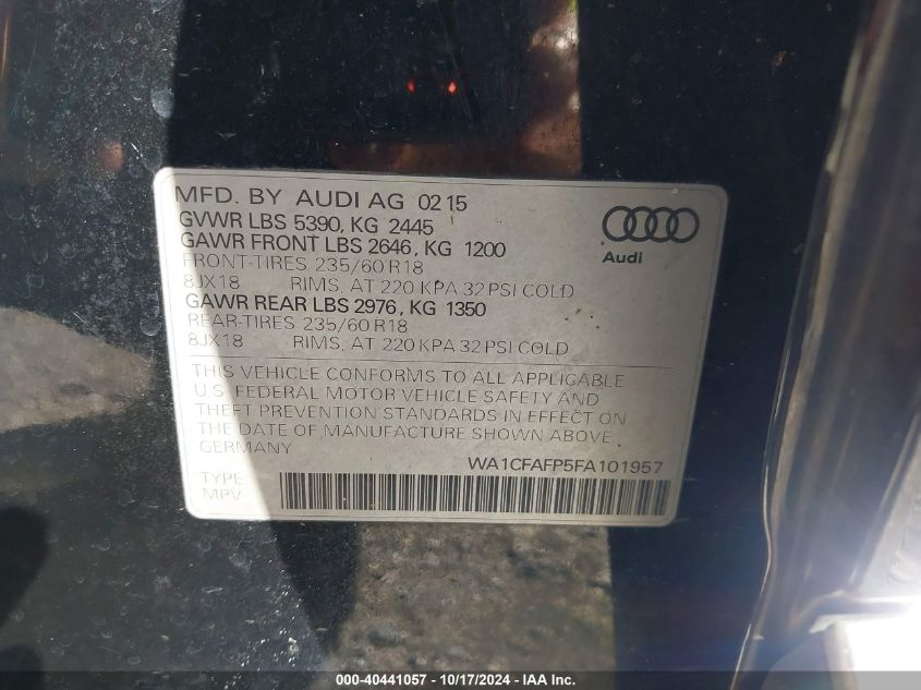 2015 Audi Q5 2.0T Premium VIN: WA1CFAFP5FA101957 Lot: 40441057