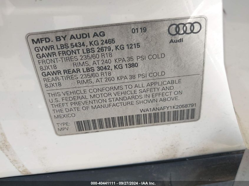 2019 Audi Q5 45 Premium VIN: WA1ANAFY1K2058791 Lot: 40441111