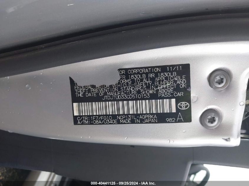 2012 Toyota Yaris L VIN: JTDJTUD33CD510153 Lot: 40441125