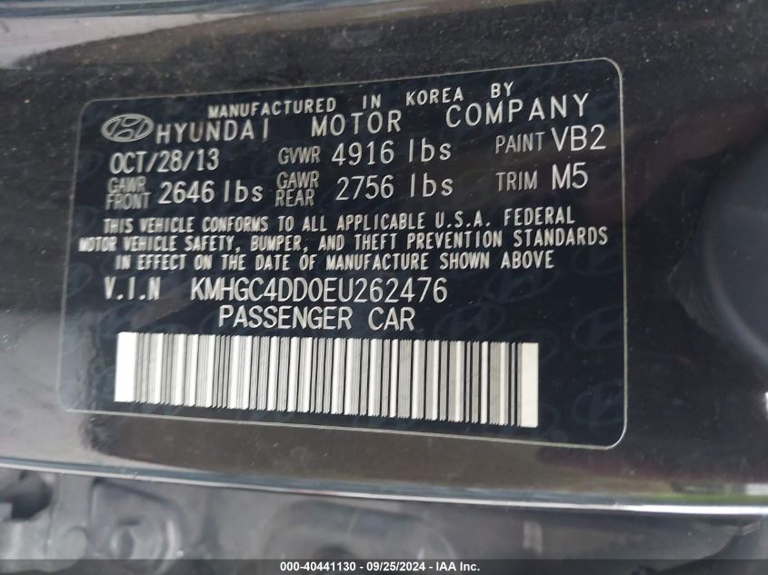 2014 Hyundai Genesis 3.8 VIN: KMHGC4DD0EU262476 Lot: 40441130