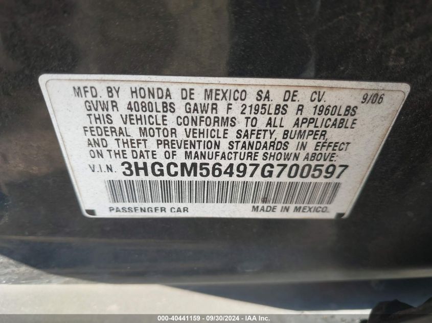 3HGCM56497G700597 2007 Honda Accord Sdn Lx