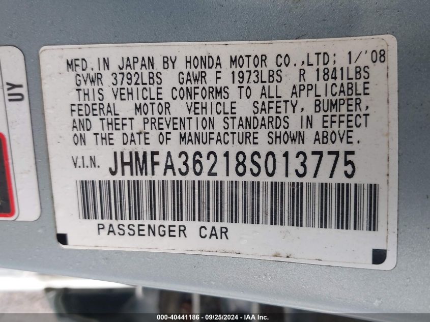 JHMFA36218S013775 2008 Honda Civic Hybrid