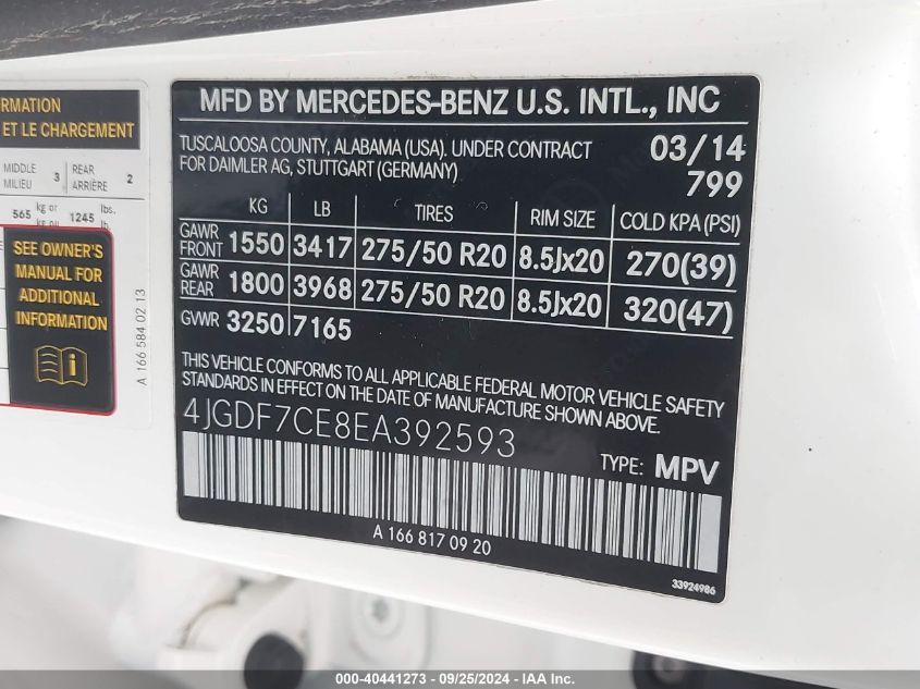 2014 Mercedes-Benz Gl 450 4Matic VIN: 4JGDF7CE8EA392593 Lot: 40441273