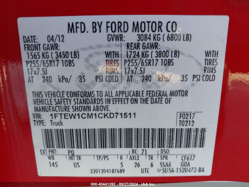 2012 Ford F-150 Supercrew VIN: 1FTEW1CM1CKD71511 Lot: 40441392