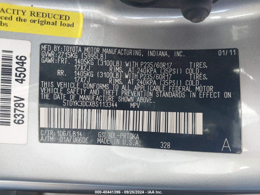 5TDYK3DCXBS113344 2011 Toyota Sienna Xle V6