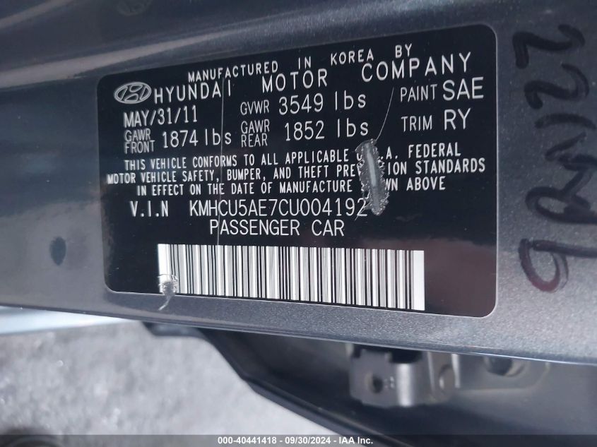 KMHCU5AE7CU004192 2012 Hyundai Accent Gls/Gs/Se