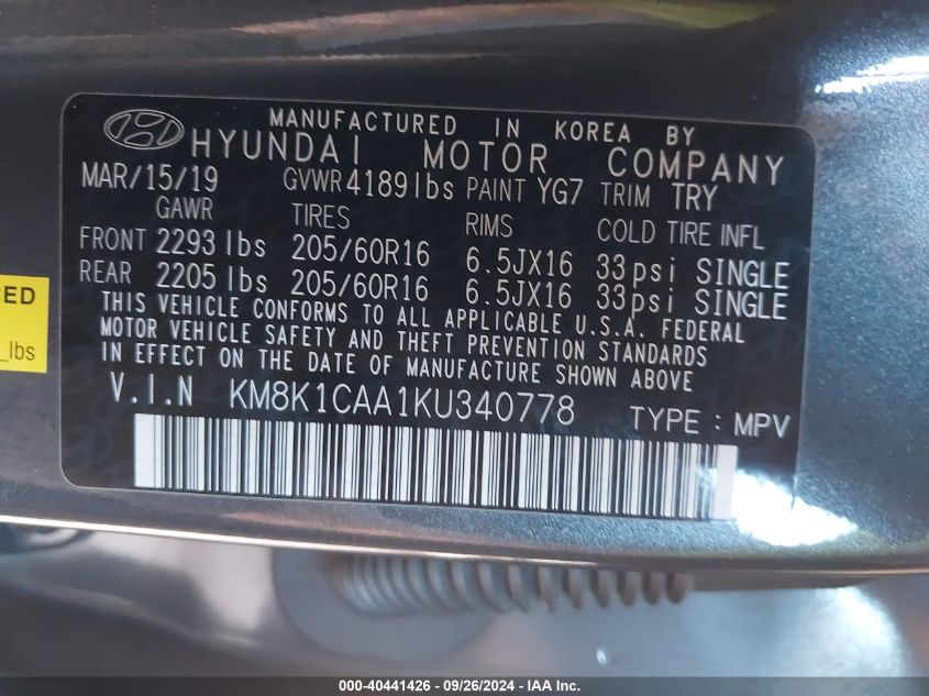 2019 Hyundai Kona Se VIN: KM8K1CAA1KU340778 Lot: 40441426