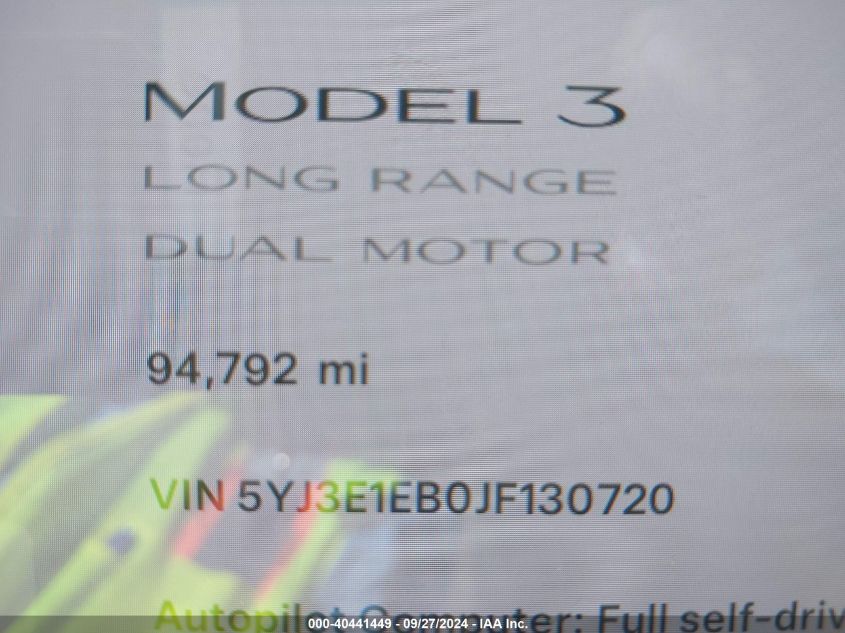 2018 Tesla Model 3 Long Range/Performance VIN: 5YJ3E1EB0JF130720 Lot: 40441449