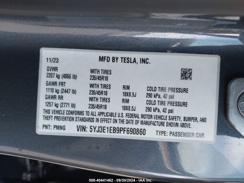 2023 Tesla Model 3 Long Range Dual Motor All-Wheel Drive VIN: 5YJ3E1EB9PF690860 Lot: 40441462